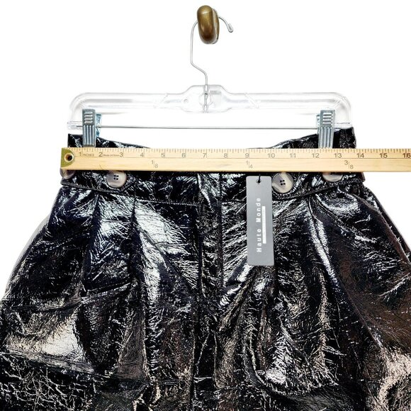 Shiny Black Faux Leather High-Waisted Shorts With Button Details Size L - Picture 7 of 8